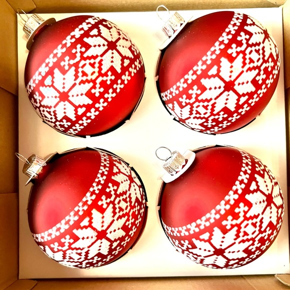 4 Matte Red Glass Christmas Ball Ornaments White Glitter Nordic Snowflake Design - Picture 2 of 6